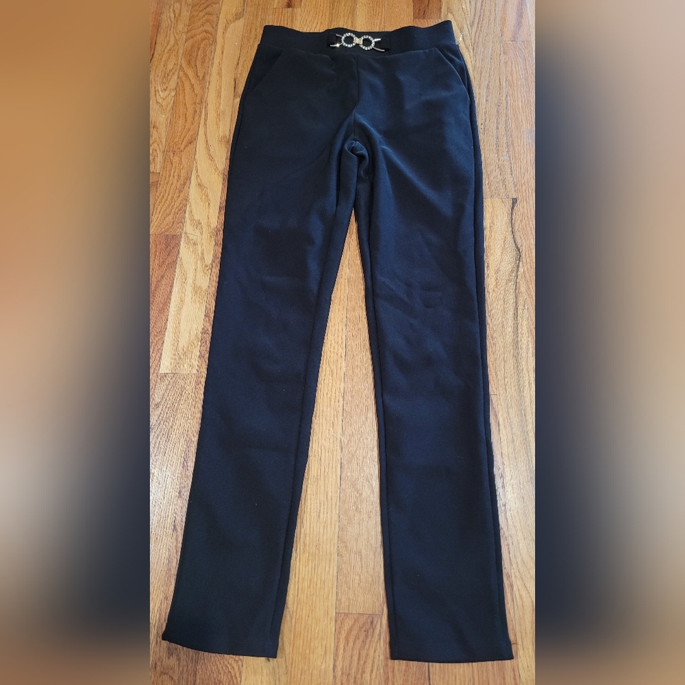 Black Slim Tailored Pants with Decorative Waist Accent